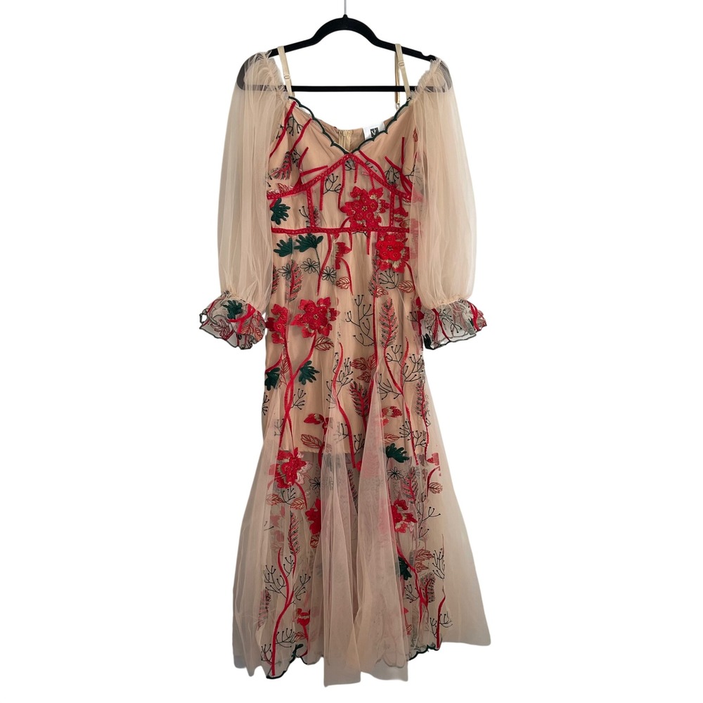Vicky and Lucas Floral Embroidered Tulle Maxi Dress Beige Red Small